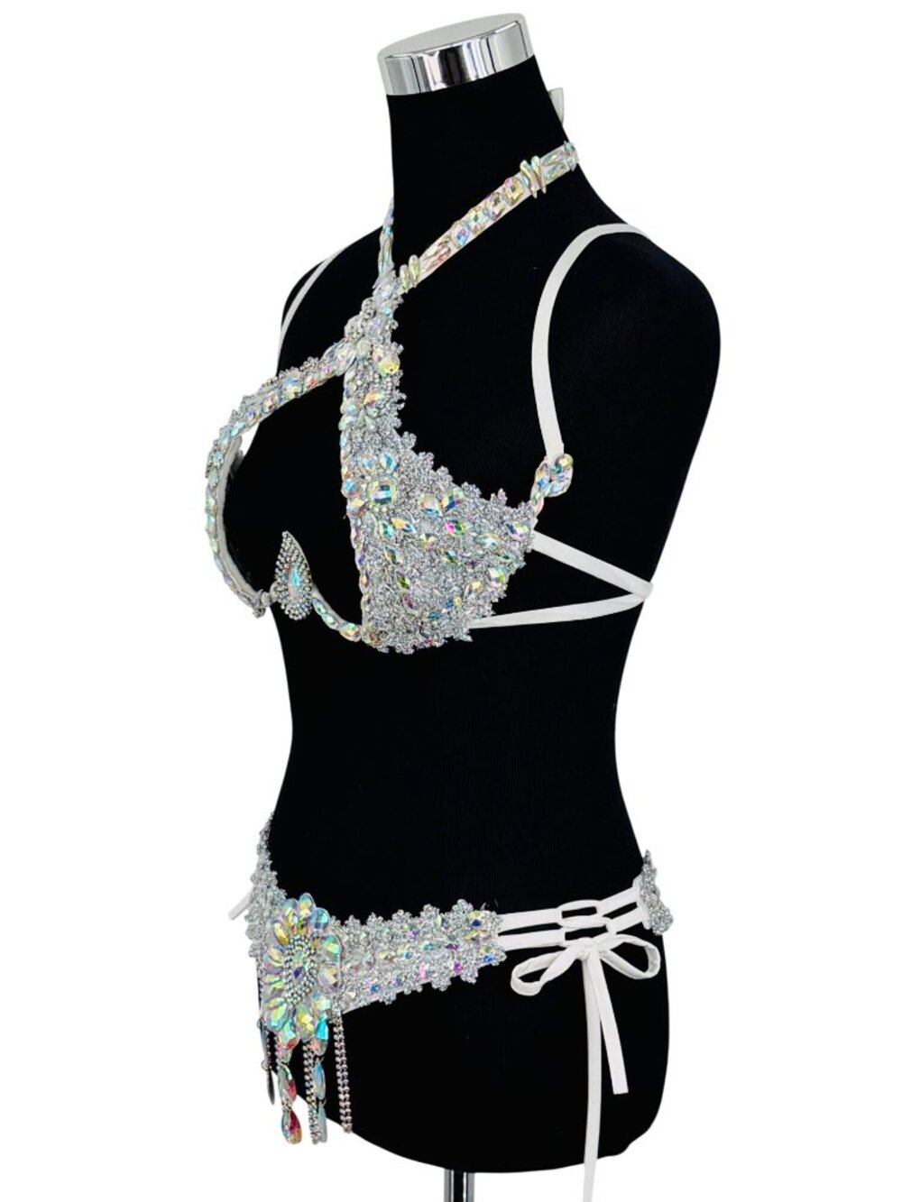 Silver Crystal Rhinestone Bra & Belt Set | Samba Coachella Rave Festival Dancer - Picture 6 of 13